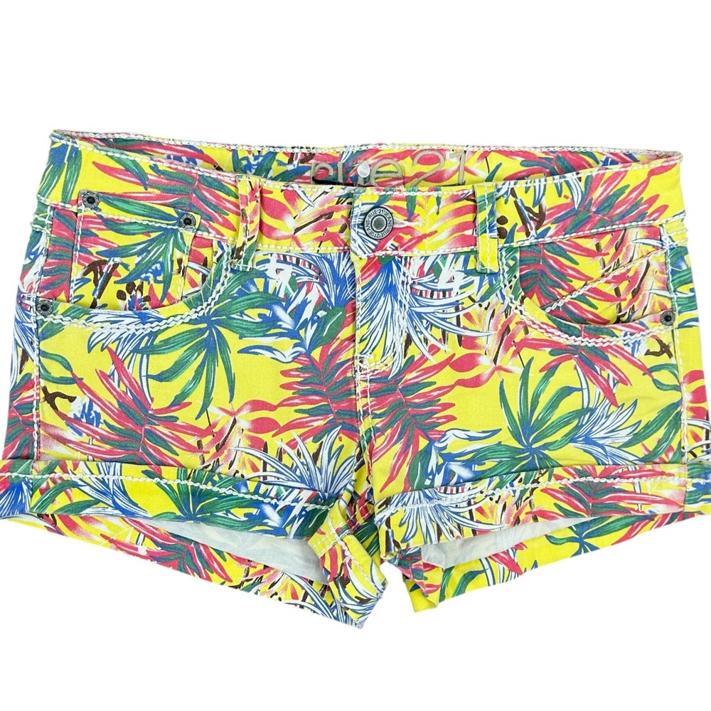 Rue21 Tropical Floral Denim Shorts Yellow Pink Green Size 7/8
